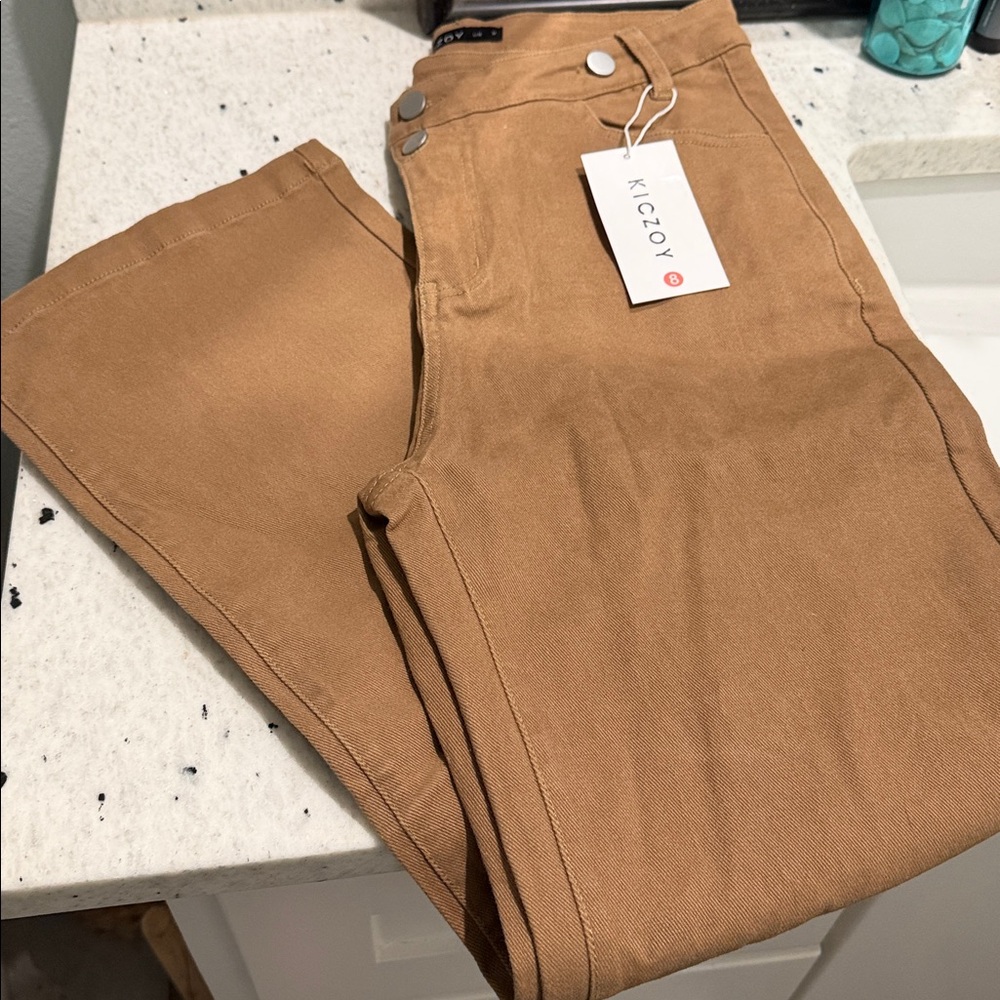 Asymmetrical Women's Boot Cut Jeans - Camel Tan trendy neutral classic chic 8